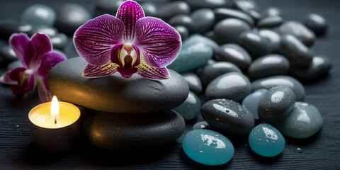 Obraz na płótnie Canvas Background of spa center towel candle orchid and massage stones Generative AI