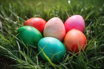 Fototapeta na wymiar colorful Easter eggs nestled in green grass. Generative AI