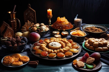 Fototapeta na wymiar Ramadan iftars marks the end of fasting. Table with dates, Oriental food and sweets. Eid mubarak. Traditional Middle Eastern cuisine, evening meal, generative AI