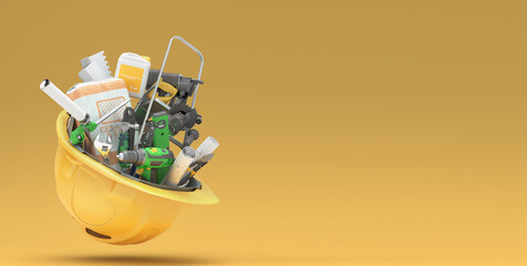 different tools set inside the helmet concept of repair tools warehouse promotion 3d render on color background