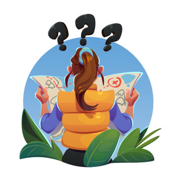 Girl tourist with map lost in travel. Back view of woman character reading map and question marks. Concept of vacation tour, journey, road trip, vector cartoon illustration