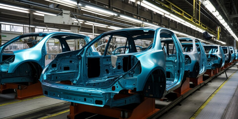 Naklejka premium Car bodies are on assembly line factory for production of cars modern automotive industry a car being checked before being painted in a hightech enterprise Generative AI