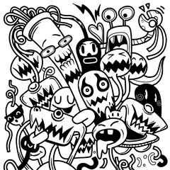 Abstract grunge urban pattern with monster character, Super drawing in graffiti style, background. Vector illustration