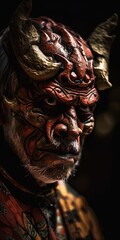 Fototapeta na wymiar Portrait d'un guerrier portant un redoutable masque japonais Oni Demon