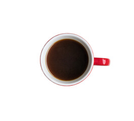 Coffee in red cup. Top view. Isolated, transparent background.