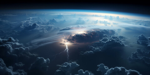 a photograph of a stark planet from above the clouds during a lightning storm with a small moon in the sky Generative AI