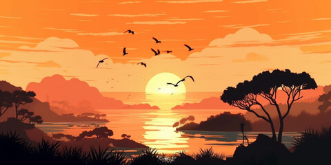 a sun rising over a the sea with a beautiful landscape in the foreground, birds flying over the scenery Generative AI