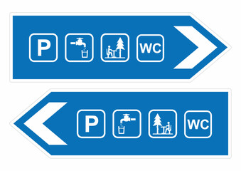 traffic signs, set, direction left, right, set icon, WC, rest area, drinking water, parking lot, vector