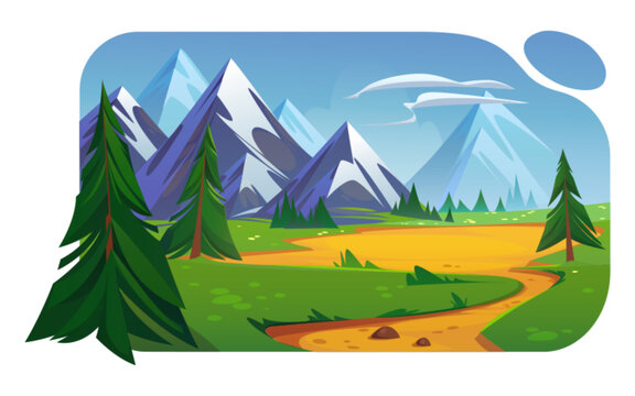 Mountain valley landscape with green fields, trees, road and clouds in sky. Summer scene of rocks range, meadows, pine trees and path, vector cartoon illustration