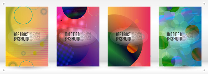 Set of Abstract Cover with Gradient Mesh Holographic Circles. Hipster Graphic Template Design with Lines, Dots, Round Shapes. Innovation Style for your Business Cover.