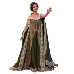 Medieval Fantasy Woman in Dress on Isolated White Background, 3D illustration, 3D Rendering