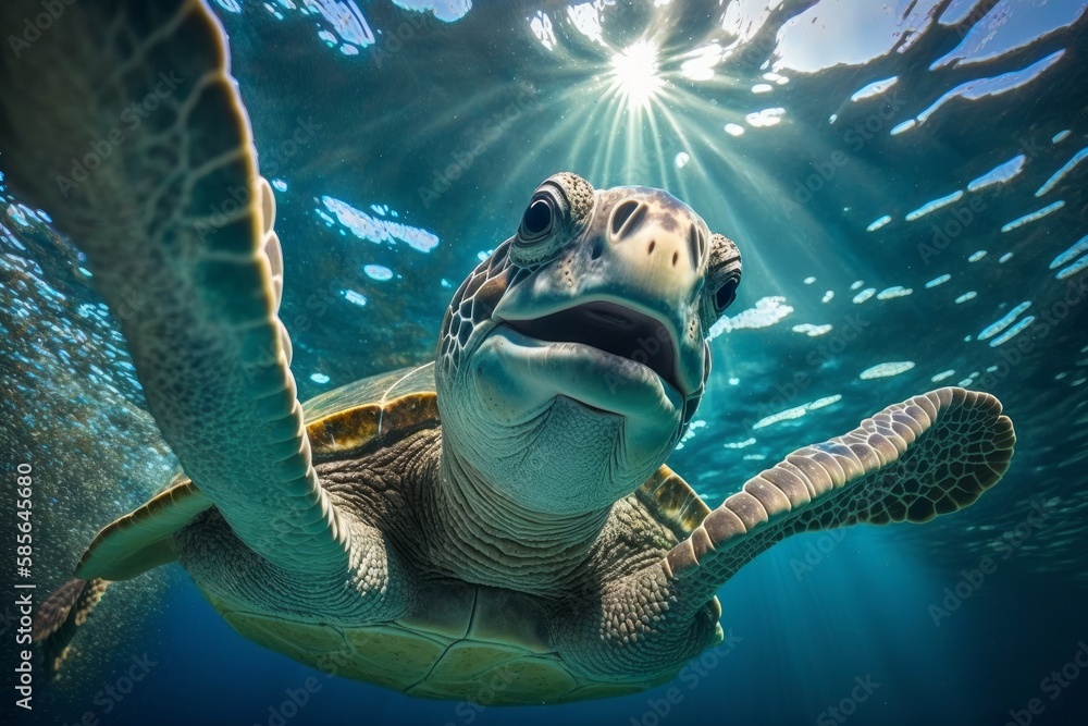 Wall mural Portrait of a happy sea turtle swimming underwater with sunlight through water surface. Generative AI