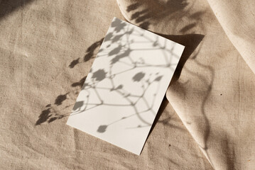 Blank paper card with aesthetic harsh sunlight floral shadows abstarct ornament, on neutral beige...