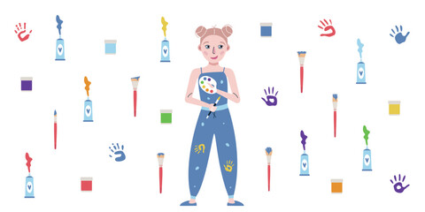 Flat vector painting tools in childish style. Hand drawn art supplies, paint brush, palm, kid with palette