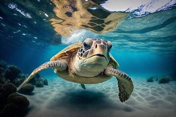 Obraz premium Portrait of a happy sea turtle swimming underwater with sunlight through water surface. Generative AI