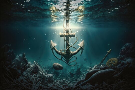 illustration of big iron anchor underwater with sunlight shine through water surface, generative ai