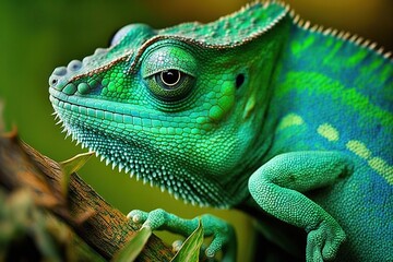 Obraz premium close up of a green color chameleon lizard on green background, generative ai