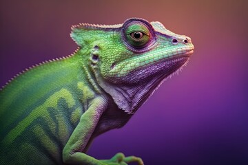 Fototapeta premium close up of a green color chameleon lizard on purple background, generative ai