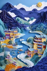 Illustration chinoise sur fond bleu, pastel, ravin, pin, chaîne de montagnes, Beaucoup de maisons