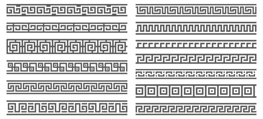 Greek key borders with meander ornament. Seamless roman frame with geometric motif. Set of antique graphic art. Vector