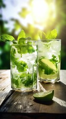Fototapeta premium Verres de mojito, menthe citron vert, sur une table en bois, un après midi d'été, illustration culinaire, ia générative 6