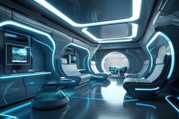 modern and illuminated room with a futuristic design. Generative AI