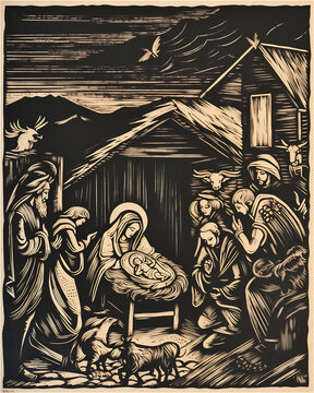 woodcut print of a christmas nativity scene