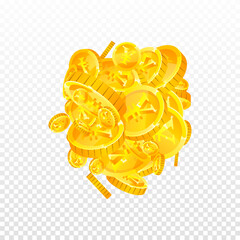 Chinese yuan coins falling. Scattered gold CNY