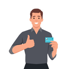 Young businessman showing credit, debit, ATM card and making thumb up gesture sign. Person holding digital payment card. Male character design illustration