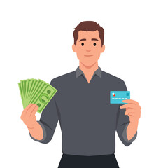 Young businessman showing credit card and cash, money, currency notes in hand. Successful person in vest suit holding debit, ATM card. Stylish male character design
