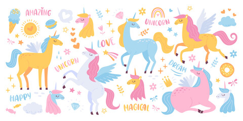 Unicorn flat illustrations set. Mythological and magical creature. Pegasus and unicorn, winged horse