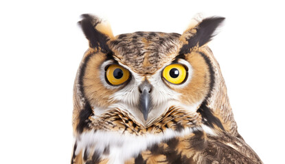 Obraz premium Eagle owl in closeup isolated on white background. Generative AI
