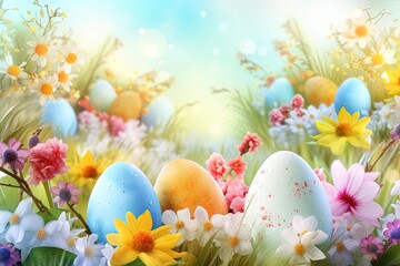 colorful Easter eggs nestled among blooming flowers in a sunny field. Generative AI