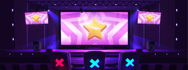 Plakat Talent show concert hall for music performance. Vector cartoon illustration of big stage with screens and spotlights, jury chairs with green and red illuminated cross signs. Song or dance contest