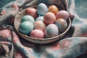 Fototapeta na wymiar an Easter basket filled with colorful eggs on a blanket. Generative AI