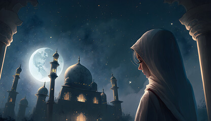 muslim young girl praying on a mosque with starry and crescent moon moon night, mosque at night, wallpaper, girl in a mosque, mosque in the night, Generative AI,  - obrazy, fototapety, plakaty