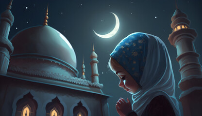 muslim young girl praying on a mosque with starry and crescent moon moon night, mosque at night, wallpaper, Generative AI - obrazy, fototapety, plakaty