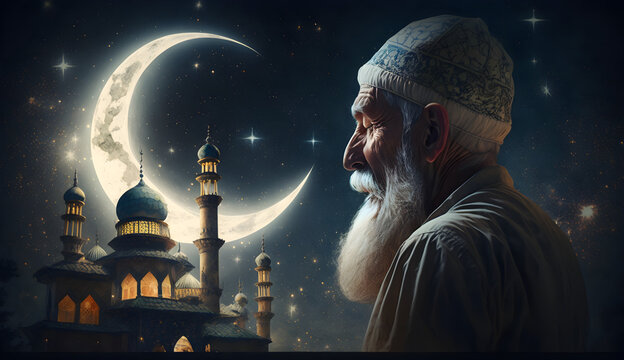 muslim old man praying on a mosque with starry and crescent moon moon night,  mosque at night, wallpaper, Generative AI