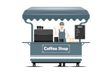 Cartoon coffee shop cart with male salesperson on isolated background, Digital marketing illustration.
