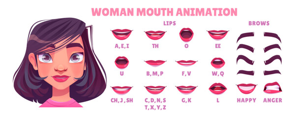 Caucasian young woman mouth animation set isolated on white background. Vector cartoon illustration of female head, brows, lip sync collection with sound pronunciation, happy and anger emotions design
