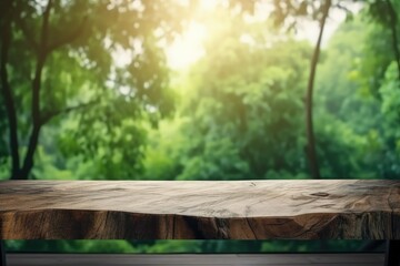 wooden table in a natural setting surrounded by trees. Generative AI