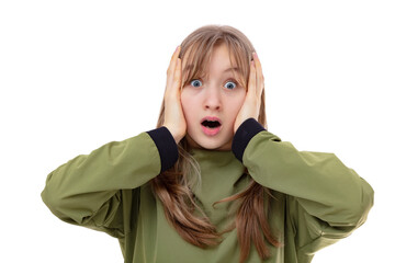 Portrait of surprised fourteen year old teenager grimace on her face, with mouth opened in shout...