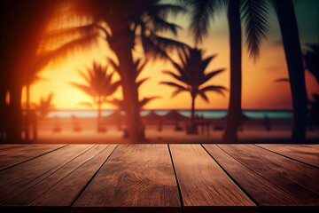 Rustic wooden table and blured palms and sunset for product and merchandise display. Generative AI. Digital Art Illustration