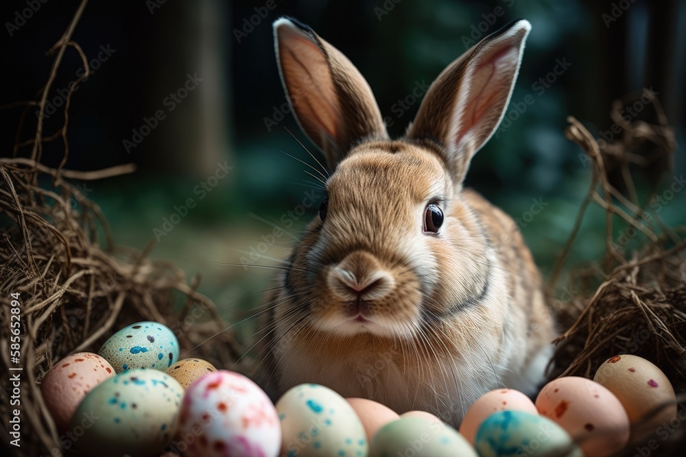 Poster rabbit guarding a nest of eggs in a spring meadow. generative ai