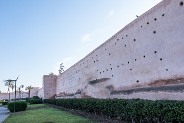 The immense walls that surround the Medina in Marrakesh Morocco on a sunny day