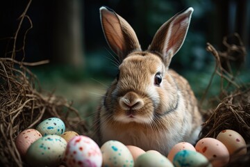 Fototapeta na wymiar rabbit guarding a nest of eggs in a spring meadow. Generative AI