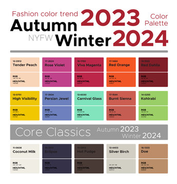 Fashion color trends Autumn Winter 2023-2024. Palette fashion colors guide with named color swatches, RGB, HEX colors