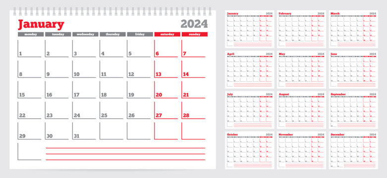 Calendar 2024 planner template. Week Starts on Monday. Set of 12 Months. Vector Illustration