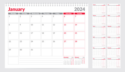 Calendar 2024 planner template. Week Starts on Monday. Set of 12 Months. Vector Illustration