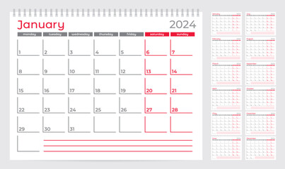 Calendar 2024 planner template. Week Starts on Monday. Set of 12 Months. Vector Illustration